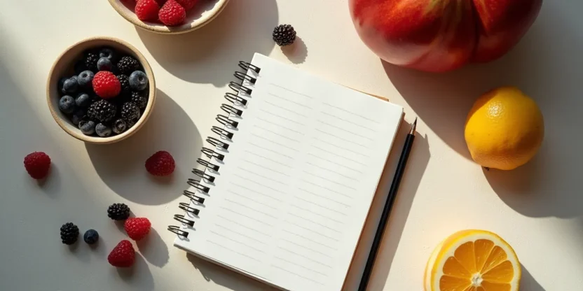 Flat-lay of healthy whole foods beside a rigid notebook, symbolizing the line between mindful eating and obsessive food rules.