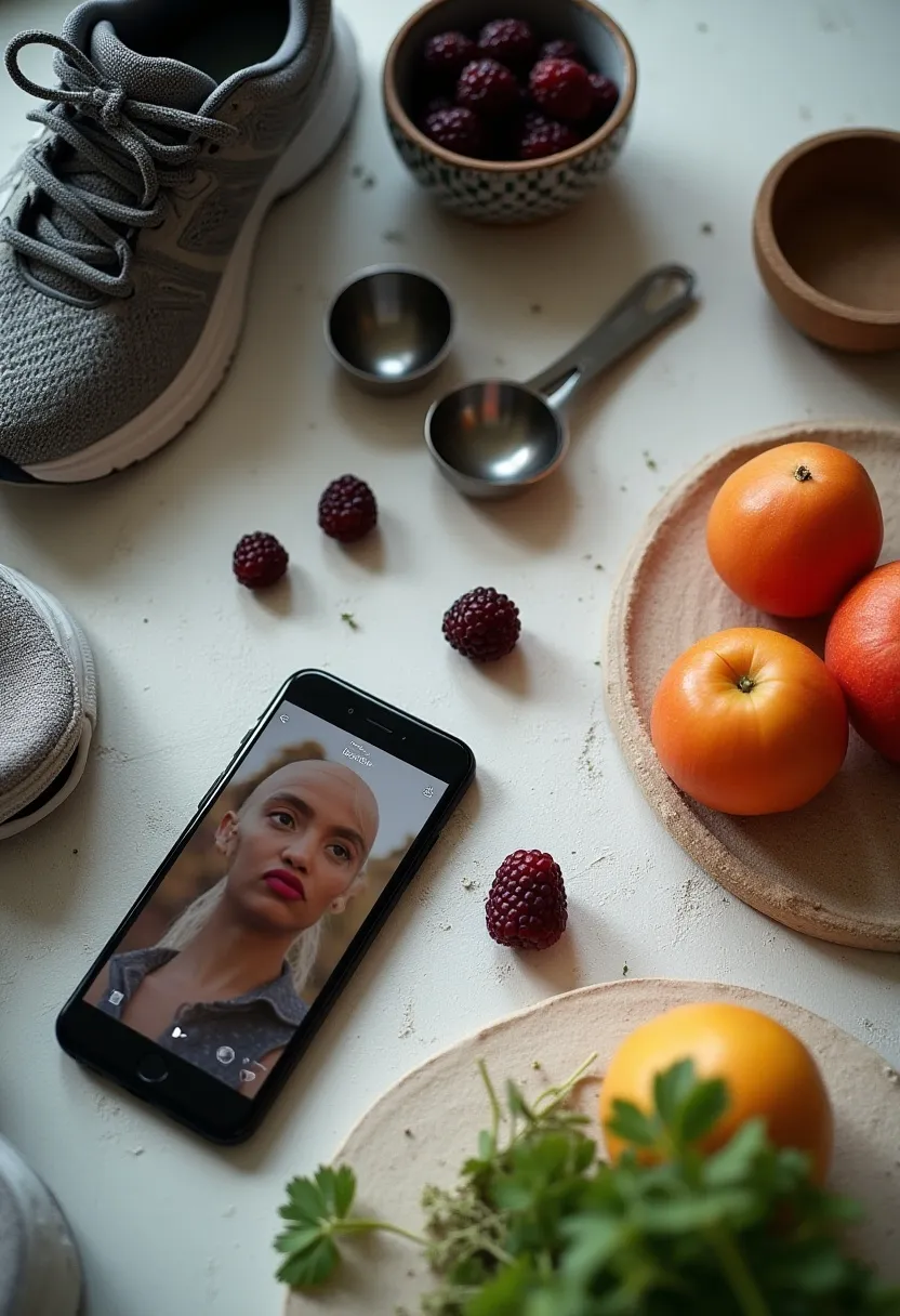 Flat-lay of lifestyle items like running shoes, measuring spoons, and healthy foods, symbolizing groups that may be vulnerable to orthorexia.