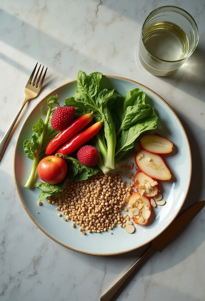 Flat-lay of sparse, unevenly arranged healthy foods illustrating the growing risks of untreated orthorexia.