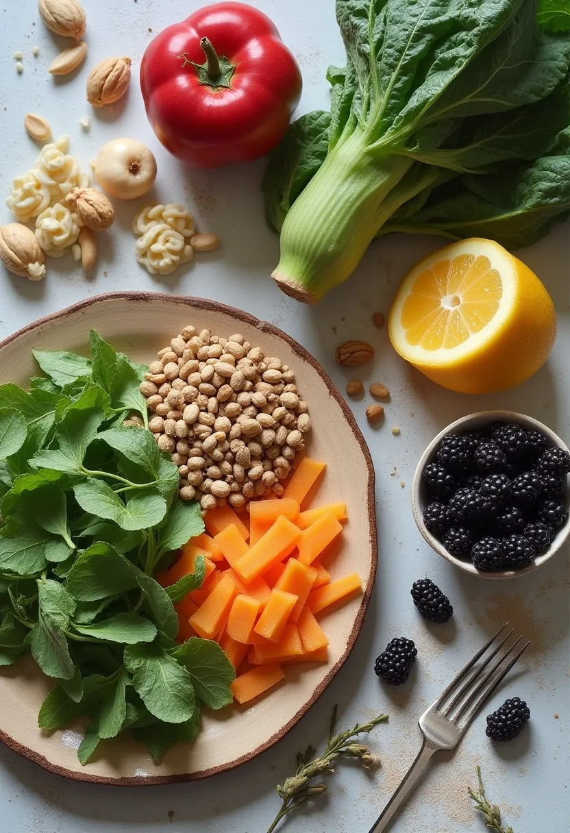 Flat-lay of neatly arranged healthy foods with subtle empty spaces, symbolizing early warning signs of orthorexia in oneself or loved ones.