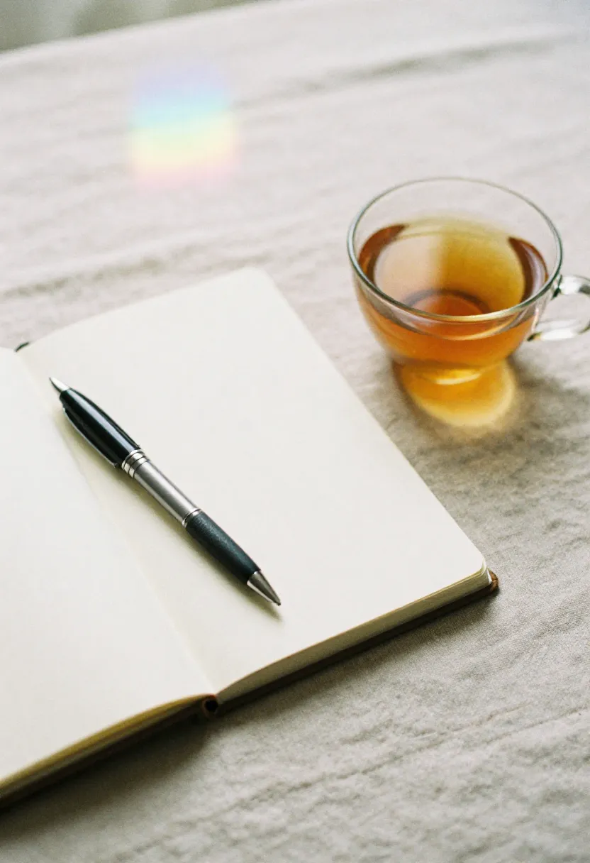 A closed notebook with a pen and a warm cup of tea in soft natural light, symbolizing parental self-reflection before talking to teens.