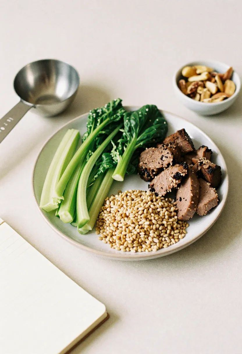 A balanced plate with vegetables, lean protein, and whole grains arranged beside a measuring spoon to represent portion control and glycemic balance.