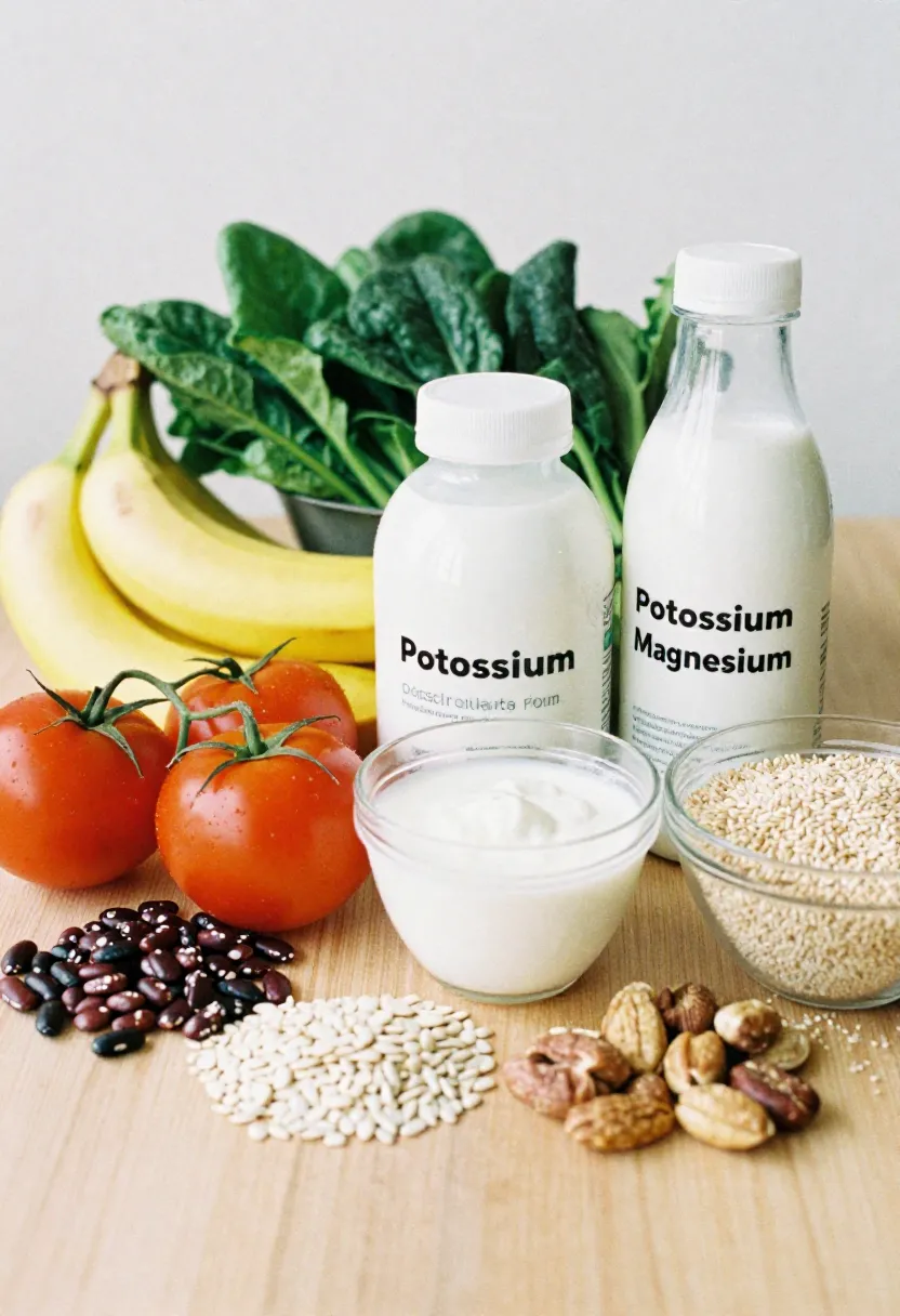 Foods rich in potassium, magnesium, and calcium—such as bananas, greens, beans, nuts, yogurt, and whole grains—arranged to highlight nutrients that support healthy blood pressure.