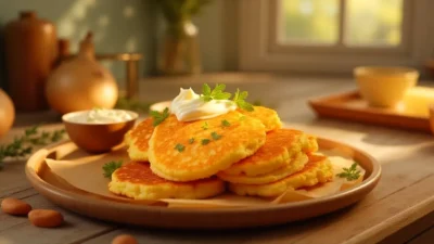 Golden crispy potato pancakes with sour cream and applesauce in a cozy kitchen.