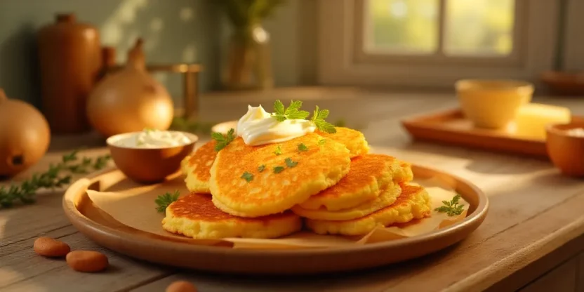 Golden crispy potato pancakes with sour cream and applesauce in a cozy kitchen.