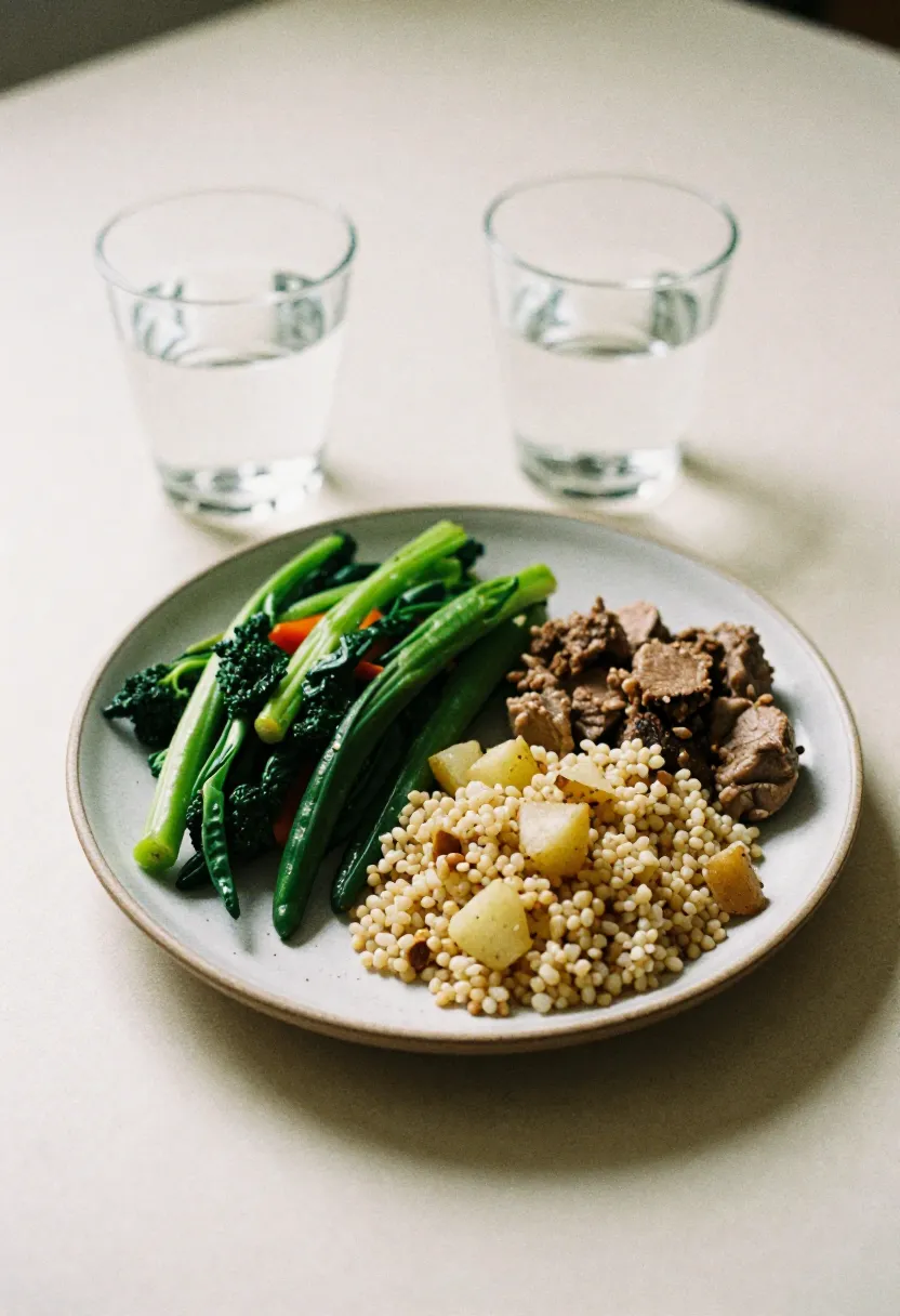 A balanced plate with vegetables, whole grains, and protein in soft natural light, illustrating practical meal guidelines.