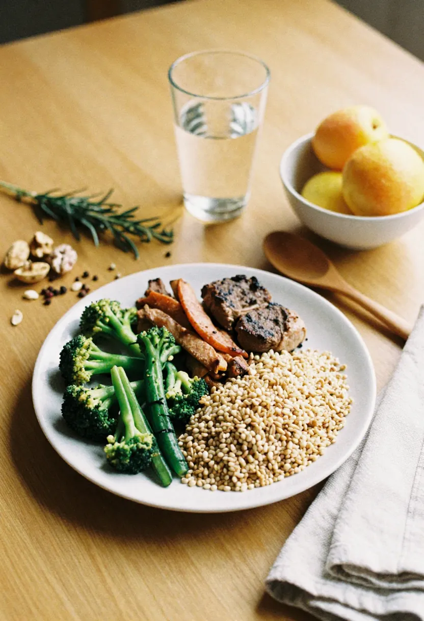A balanced meal with vegetables, lean protein, whole grains, and simple healthy snacks arranged to illustrate practical heart-friendly eating habits.