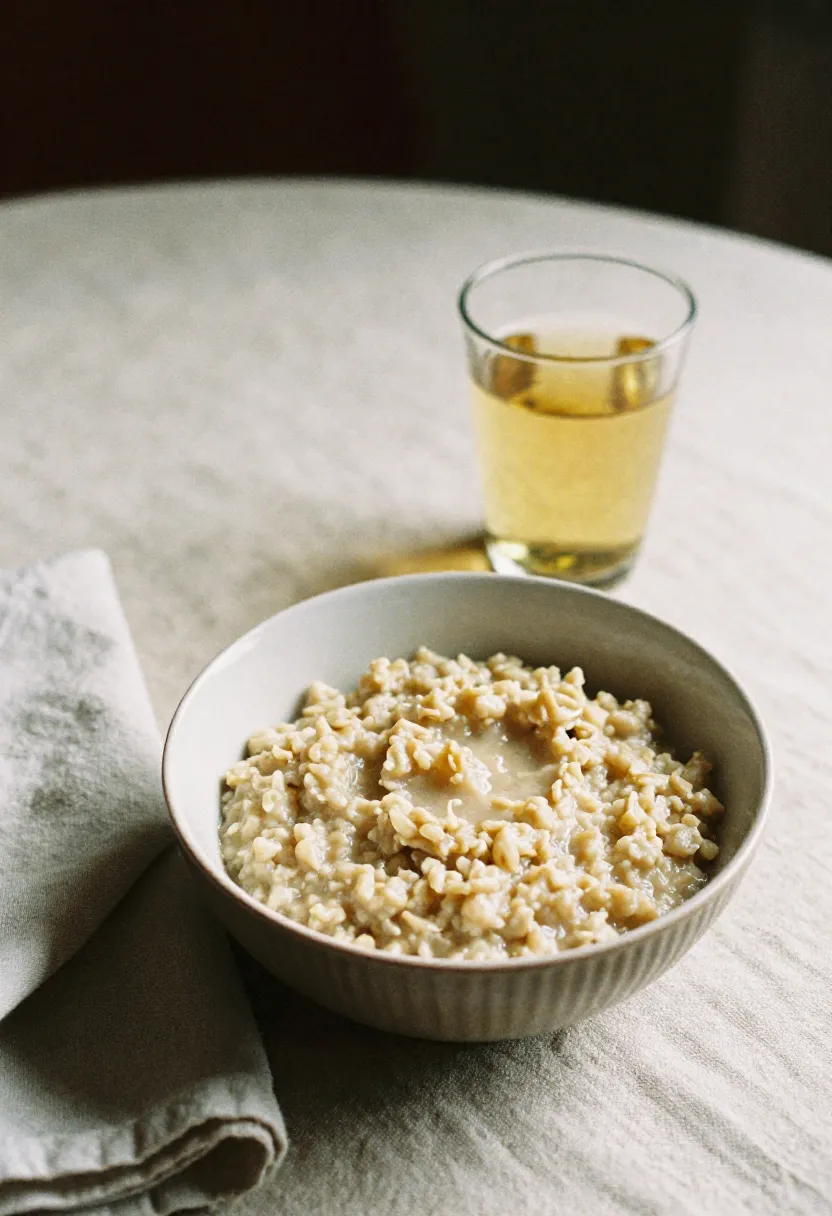 A small bowl of soft, warm food with a glass of water in soft natural light, symbolizing practical eating strategies for older adults.