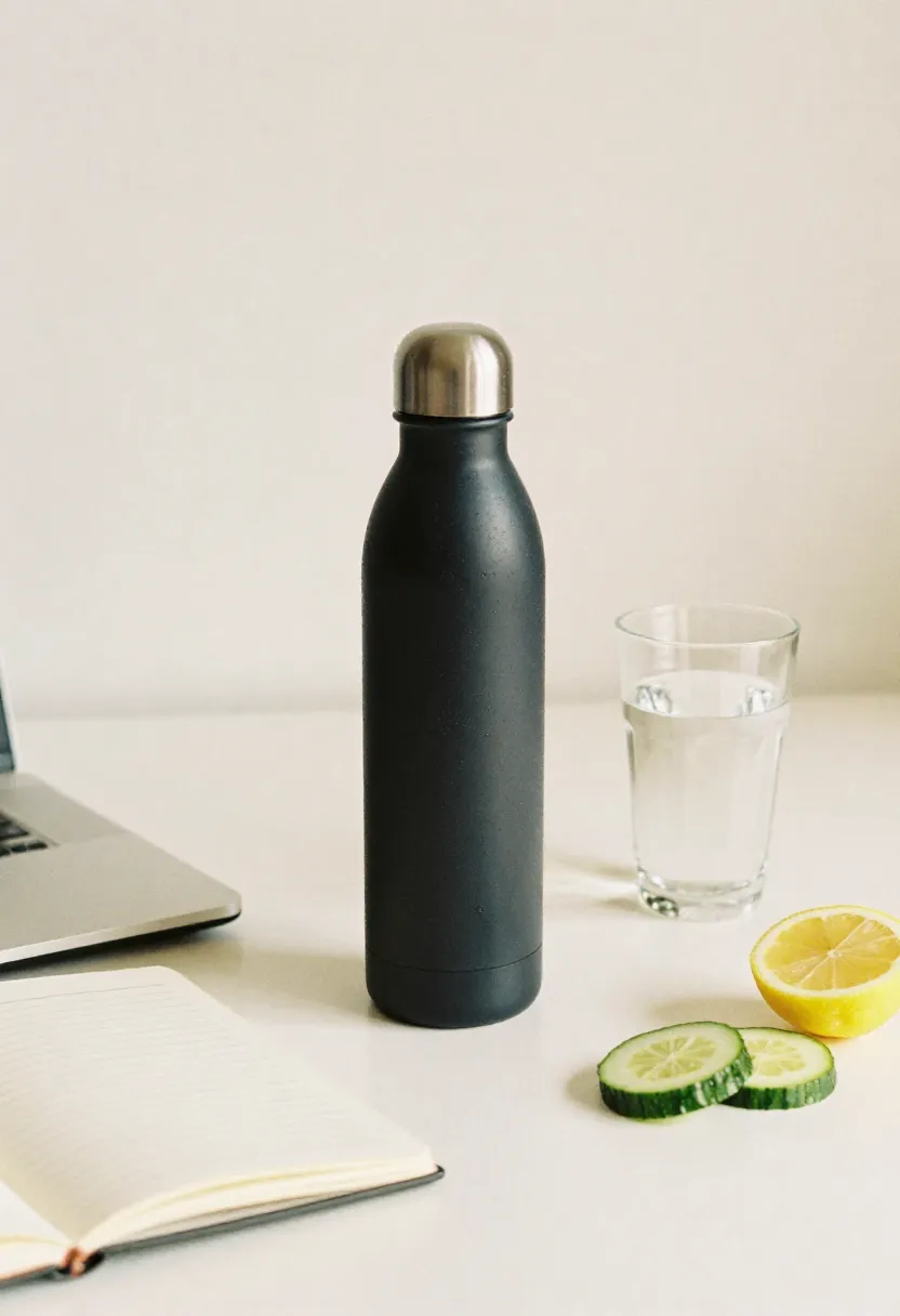 A reusable water bottle and glass of water on a desk with a notebook and citrus slices, symbolizing practical hydration habits for busy days.
