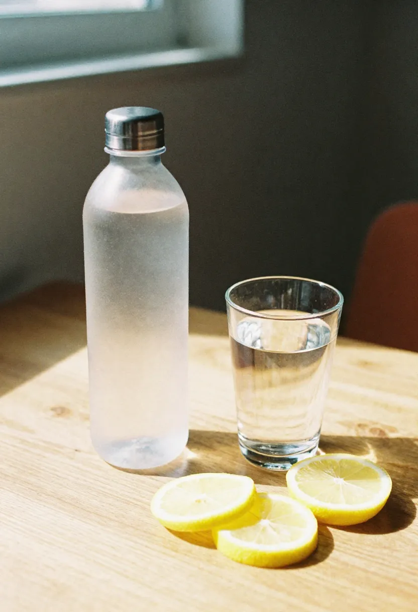 A reusable water bottle, a full glass of water, and lemon slices on a wooden surface in soft natural light, symbolizing proactive hydration habits.