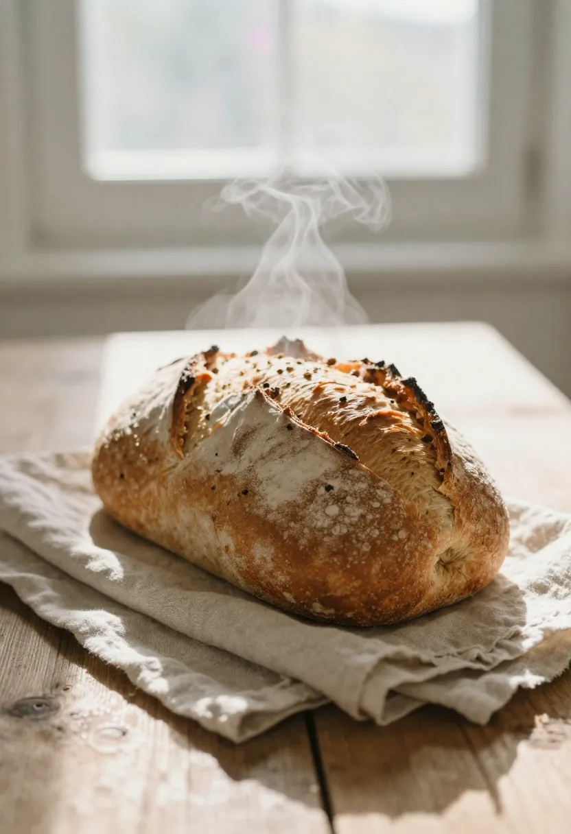 Freshly baked loaf resting on a linen cloth in warm natural light.