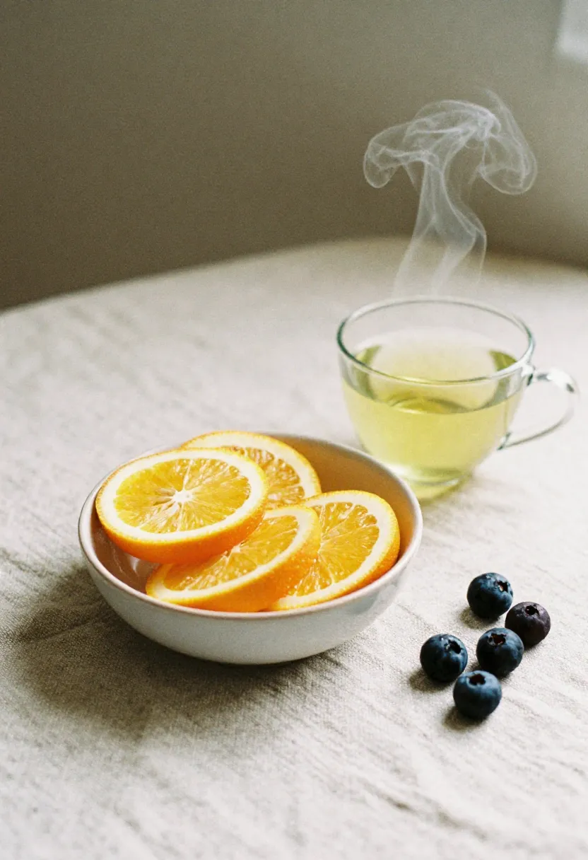 Calming bowl of citrus and a warm cup of tea in soft natural light, symbolizing gentle immune support.
