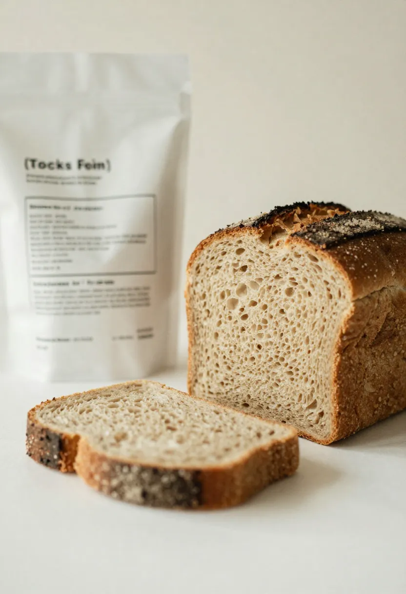 Wholegrain bread beside blurred packaging suggesting ingredient labels.