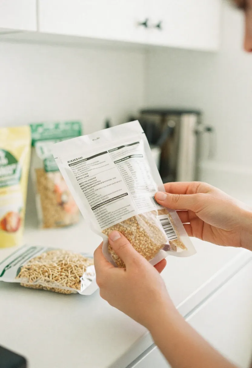 A person closely reading the ingredient label on a packaged food item in a bright kitchen, illustrating how to identify gluten on product labels.
