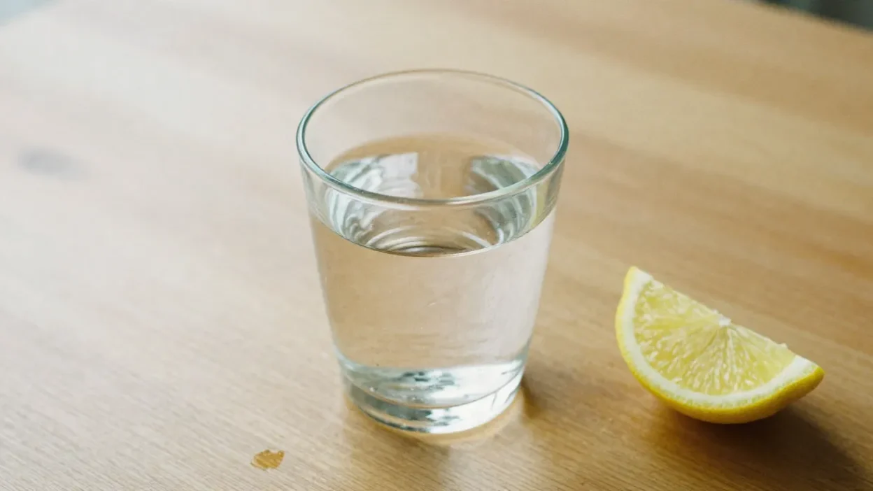 A nearly empty glass of water with soft natural light and a lemon slice on a wooden surface, symbolizing the risks of dehydration.