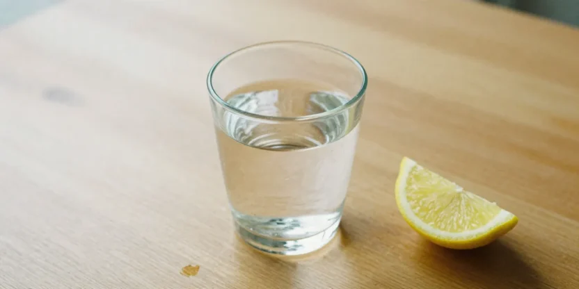 A nearly empty glass of water with soft natural light and a lemon slice on a wooden surface, symbolizing the risks of dehydration.