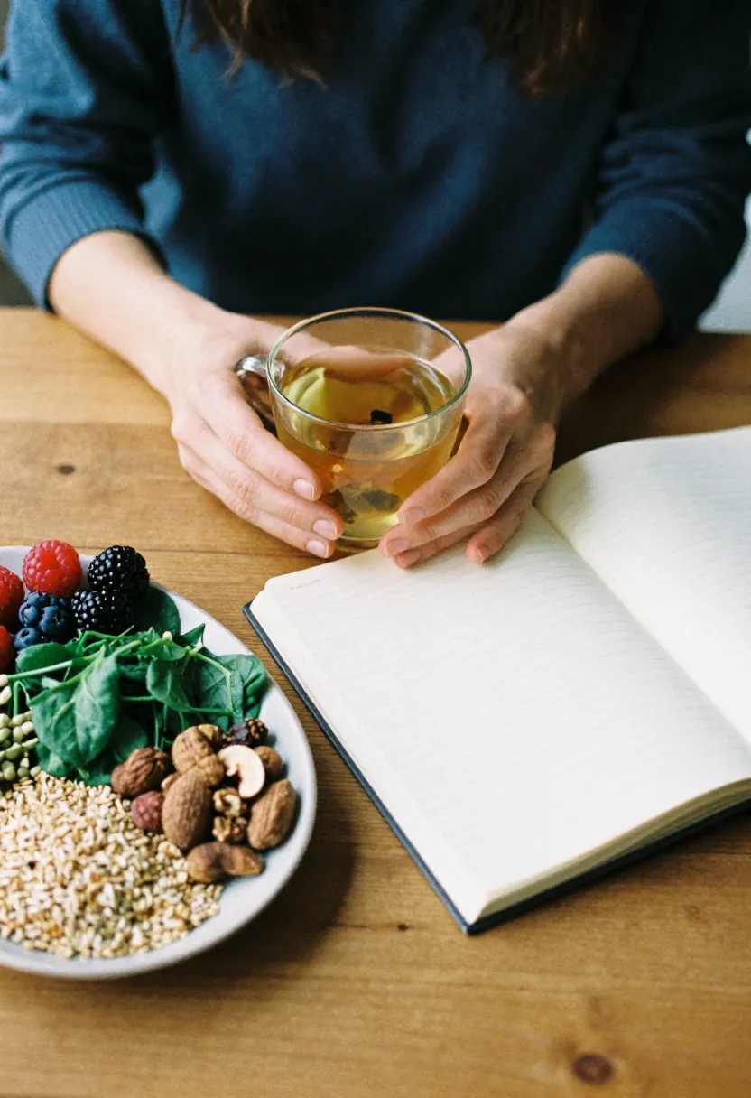 A person’s hands holding a cup of tea beside healthy foods and an open notebook, representing real questions about diet for diabetes.
