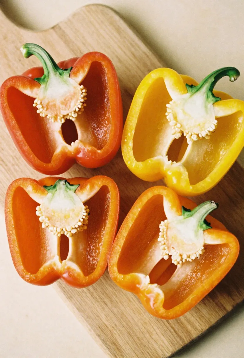 Sliced red and yellow bell peppers in warm natural light, showcasing their high vitamin C content.