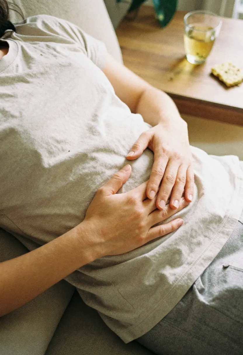 A person resting their hands on their stomach in a calm setting, symbolizing relief from bloating and abdominal discomfort after going gluten-free.