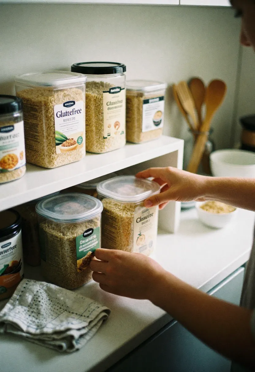 A person organizing gluten-free ingredients on a dedicated kitchen shelf, illustrating how to maintain a safe gluten-free cooking space.