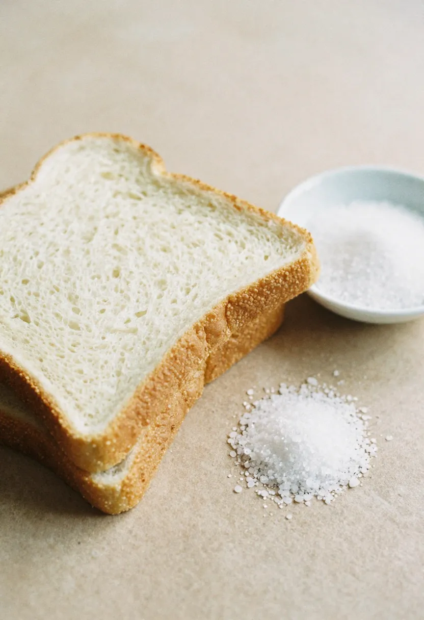 Sliced bread with a small dish of salt beside it, highlighting sodium awareness.
