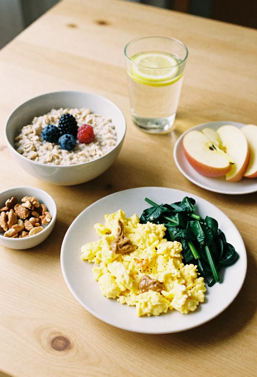 A selection of low-sugar senior-friendly foods such as oatmeal with berries, eggs with spinach, nuts, and apple slices with lemon water, arranged in soft natural light.