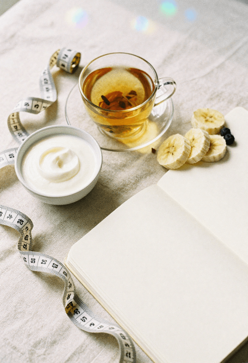 Flat-lay with yogurt, fruit, tea, and a measuring tape symbolizing common signs that the gut may benefit from probiotics.