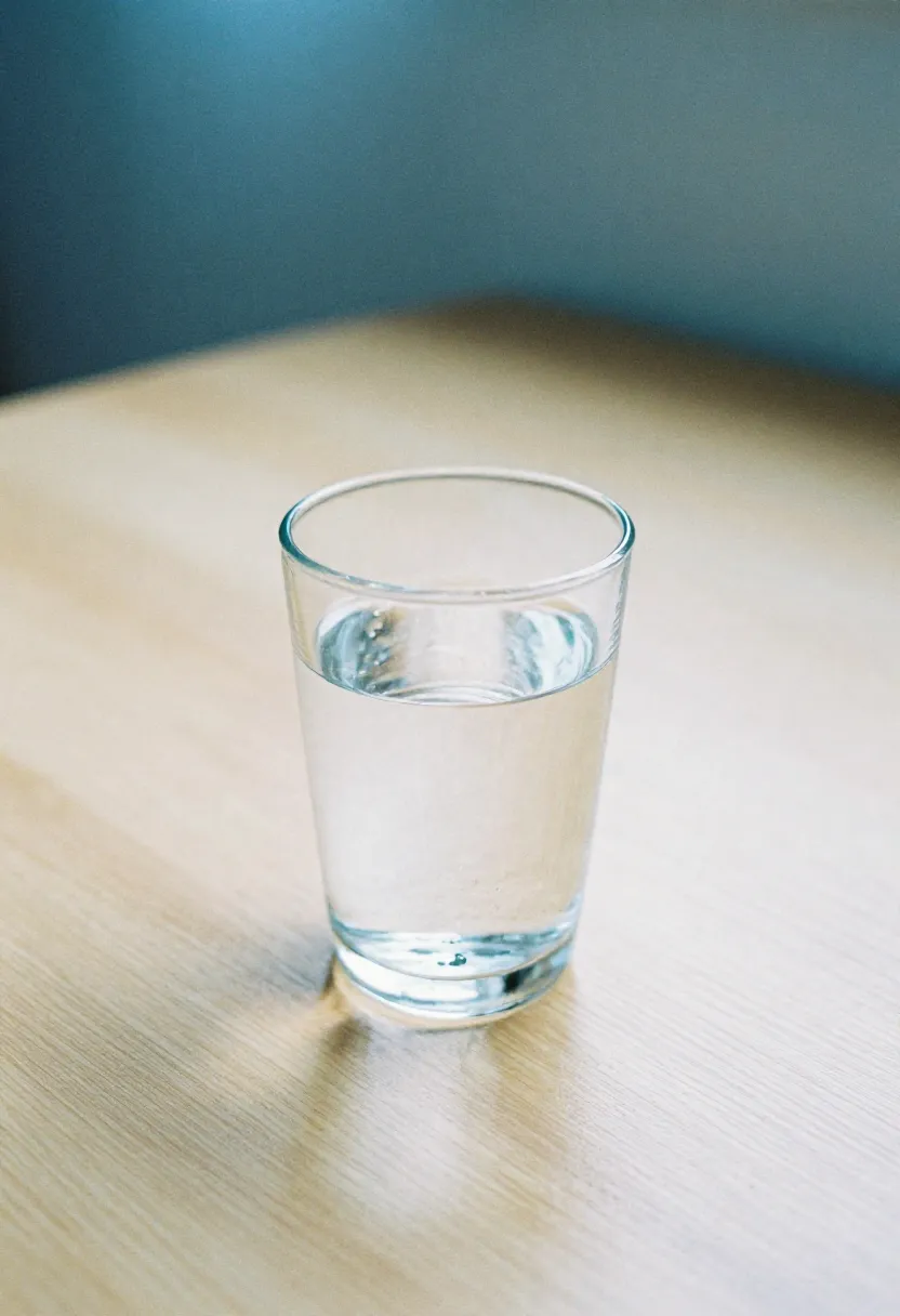 A nearly empty glass of water with soft natural light and subtle condensation, symbolizing early signs of dehydration.