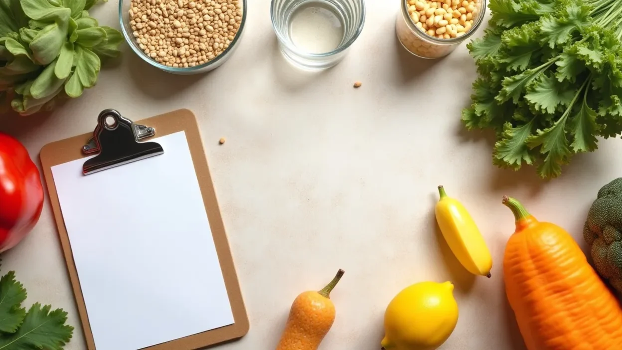 Flat-lay of fresh healthy foods and a glass of water arranged beside a notepad, symbolizing simple eating habits for weight loss.