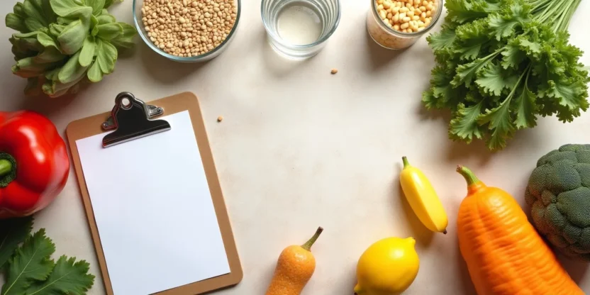 Flat-lay of fresh healthy foods and a glass of water arranged beside a notepad, symbolizing simple eating habits for weight loss.