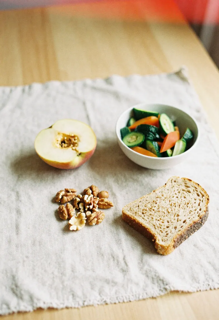 A simple arrangement of fruit, nuts, and wholegrain food in soft natural light, symbolizing easy first steps toward balanced eating.