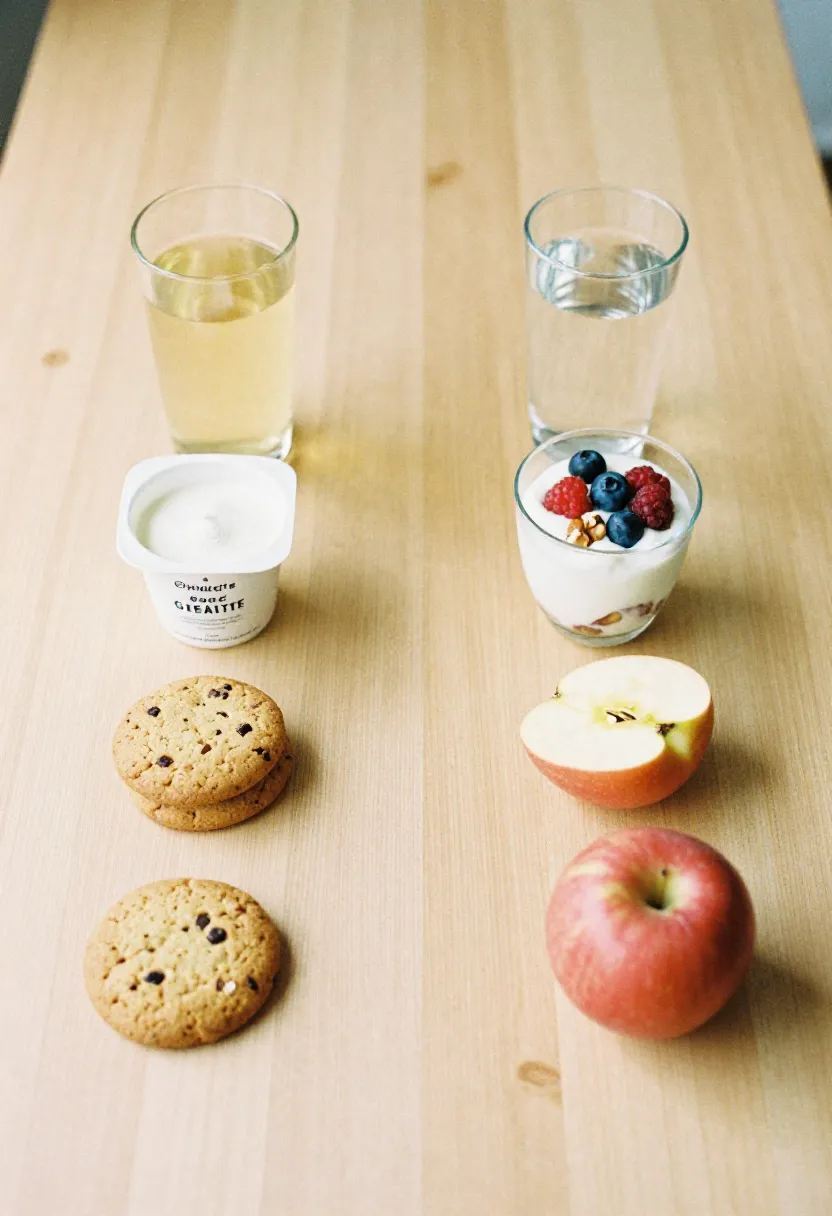 Sugary foods placed beside healthier alternatives like berries, nuts, and infused water, representing simple sugar swap ideas for older adults.