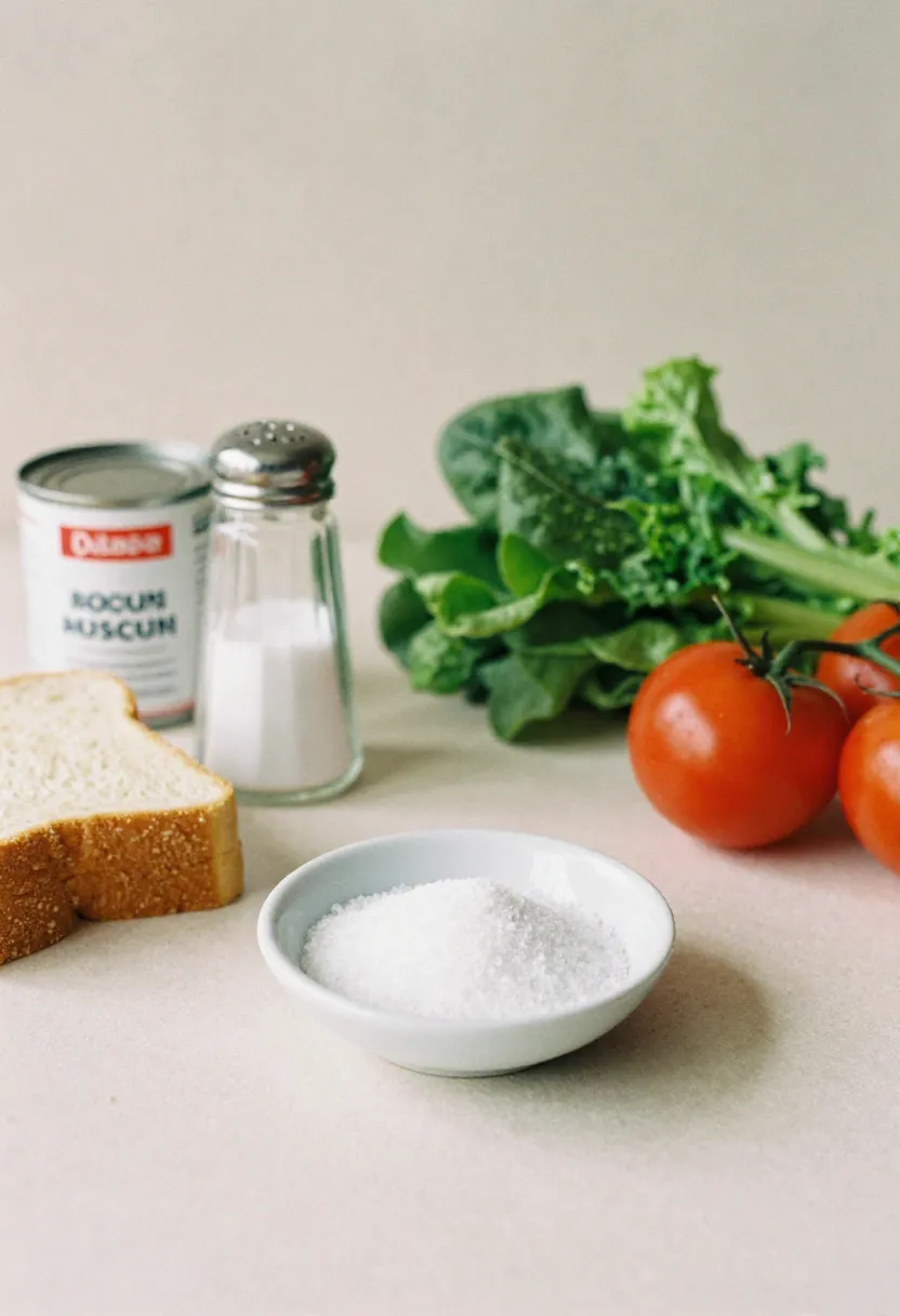 A small dish of salt alongside high-sodium foods contrasted with fresh vegetables to illustrate how sodium affects blood pressure.