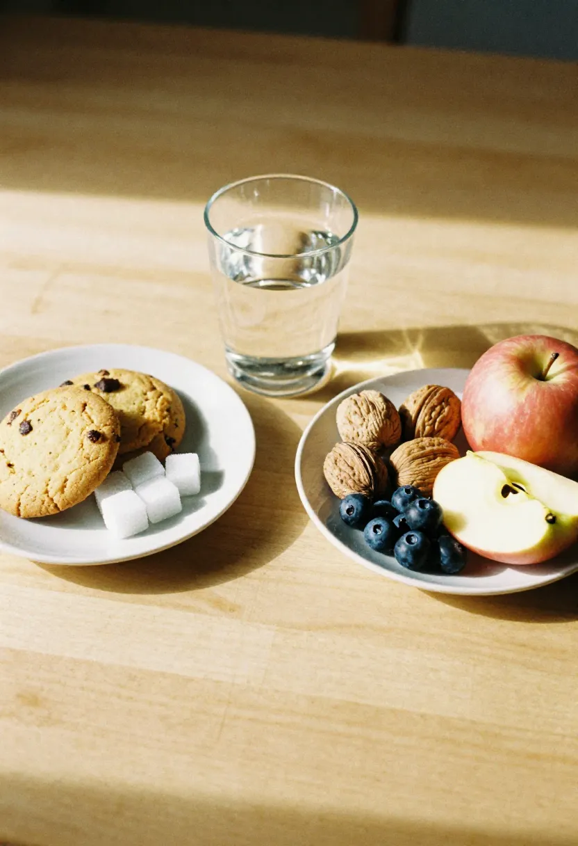 A plate with sweet snacks beside whole foods like nuts and fruit, with a glass of water between them, symbolizing the difference between sugar cravings and real hunger.