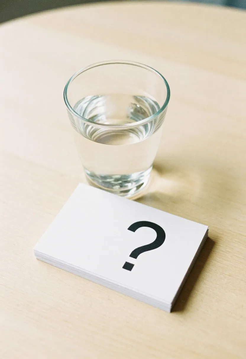 A clear glass of water beside blank question cards in soft natural light, symbolizing common questions about sugar-free diets.