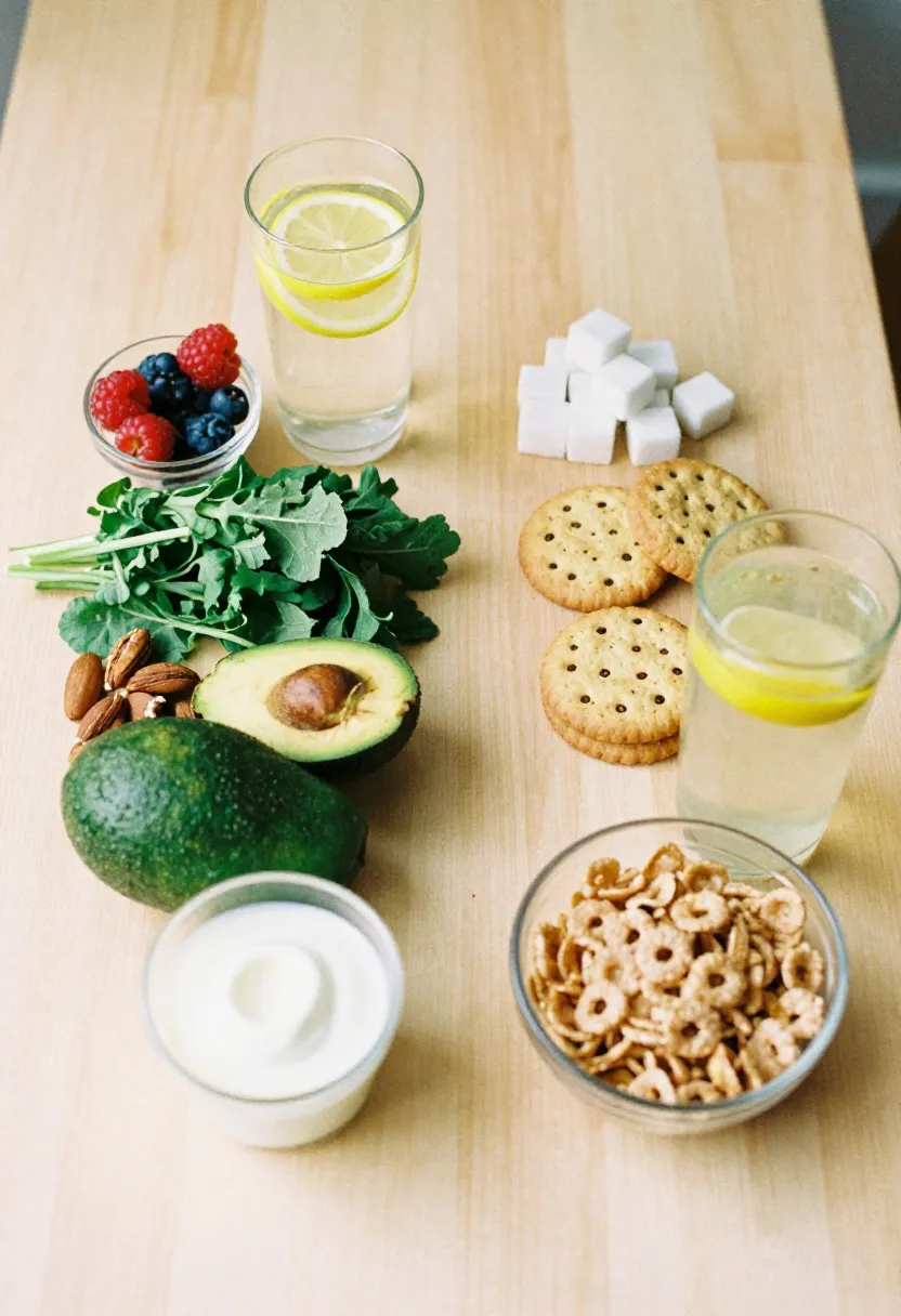 Healthy whole foods like berries, greens, yogurt, and nuts displayed beside sugary snacks and drinks, illustrating what to eat and avoid on a sugar-free diet.