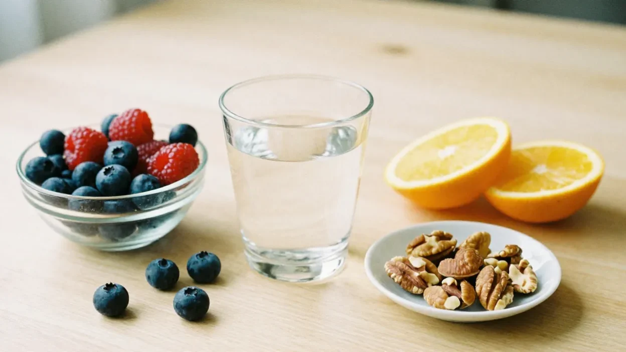 A glass of water, fresh berries, citrus slices, and nuts arranged on a light wooden surface, symbolizing a balanced sugar-free diet.