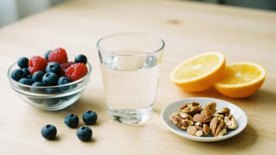 A glass of water, fresh berries, citrus slices, and nuts arranged on a light wooden surface, symbolizing a balanced sugar-free diet.