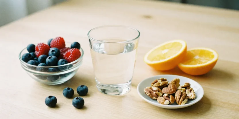 A glass of water, fresh berries, citrus slices, and nuts arranged on a light wooden surface, symbolizing a balanced sugar-free diet.