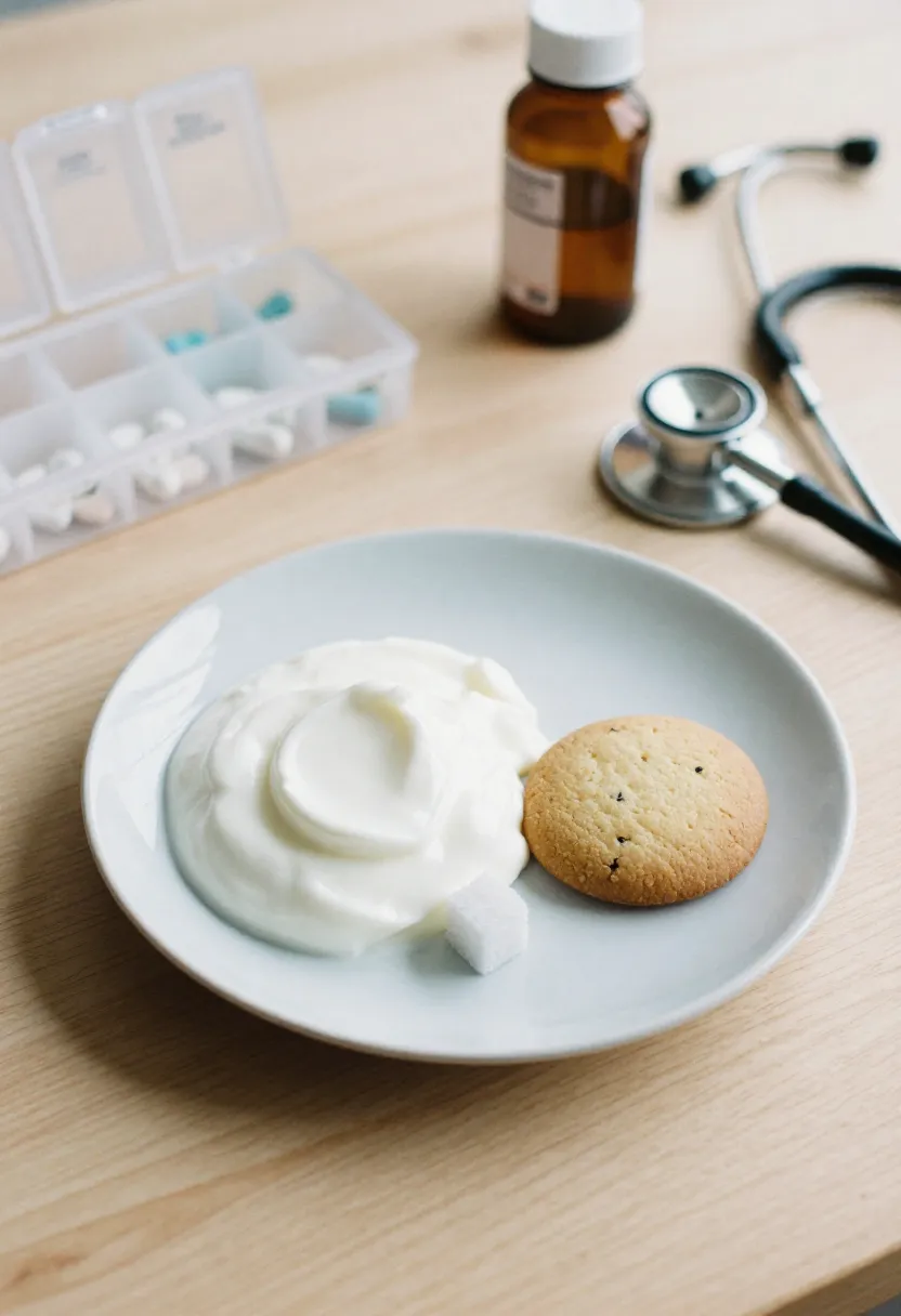 Whole foods placed beside a small sweet item with a medication organizer in the background, symbolizing health conditions where sugar shouldn’t be cut drastically.