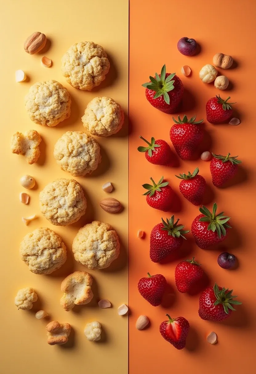 Flat-lay of chocolate, cookies, and candies beside berries and nuts, highlighting sugary snacks as a potential acne trigger.