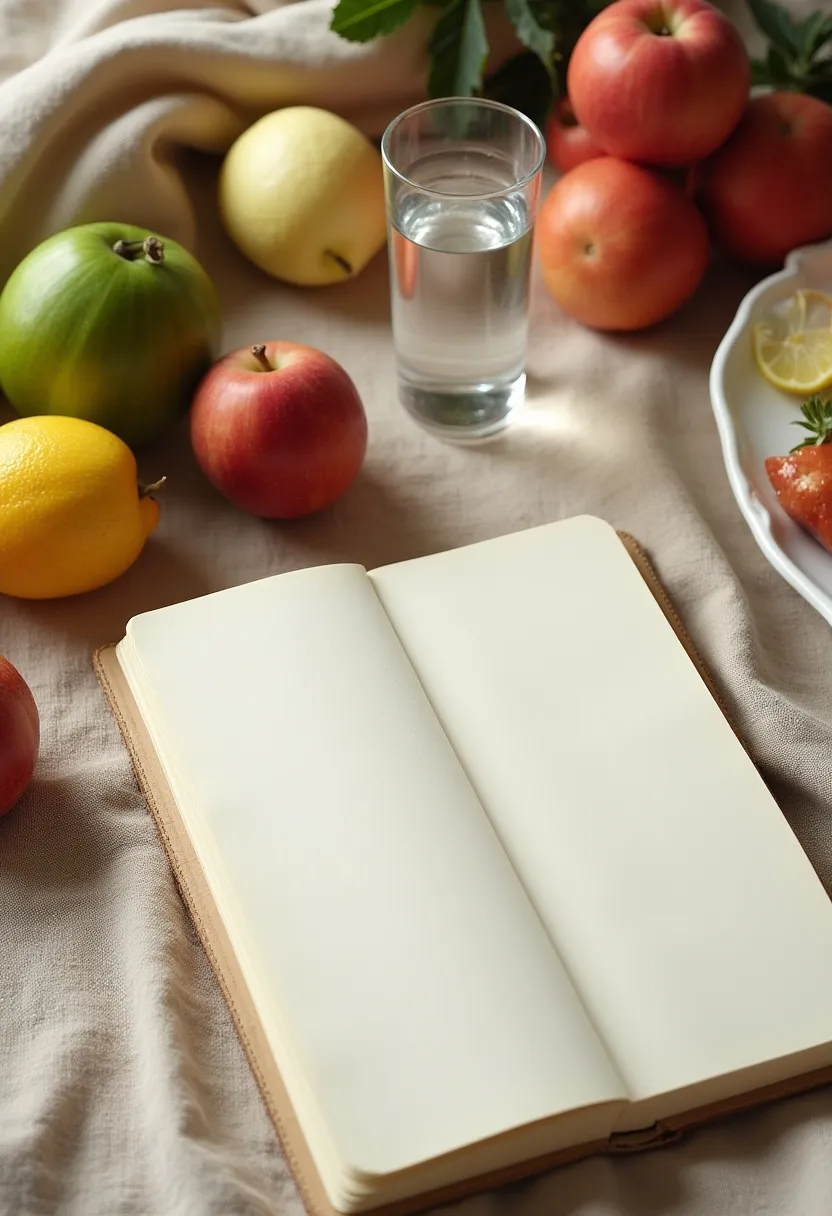 Flat-lay of whole foods, water, and a blank journal page, symbolizing sustainable healthy eating habits.