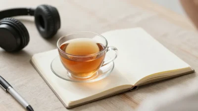 A warm, calming scene with a cup of tea and an open notebook in soft natural light, symbolizing gentle conversations with teens about body and food.
