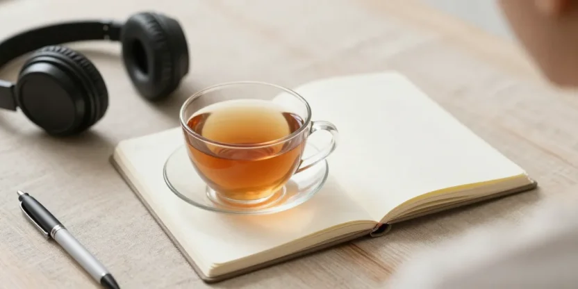 A warm, calming scene with a cup of tea and an open notebook in soft natural light, symbolizing gentle conversations with teens about body and food.