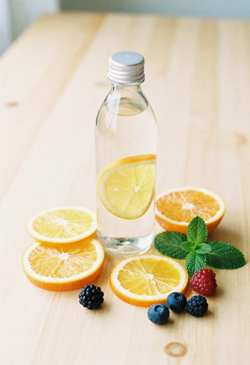 A clear water bottle with citrus, berries, and mint arranged on a wooden surface in soft natural light, symbolizing the benefits of hydration.