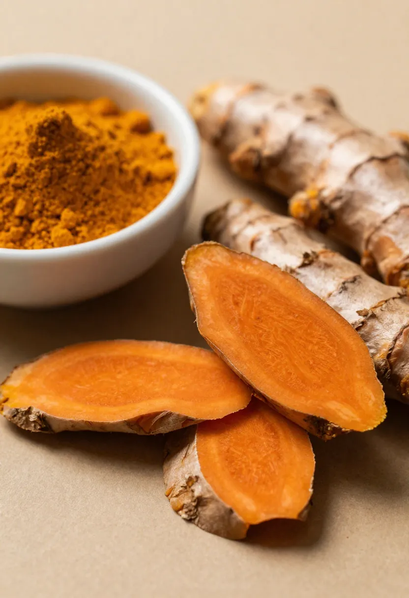 Fresh and sliced turmeric roots with ground turmeric in soft warm light, highlighting anti-inflammatory benefits.