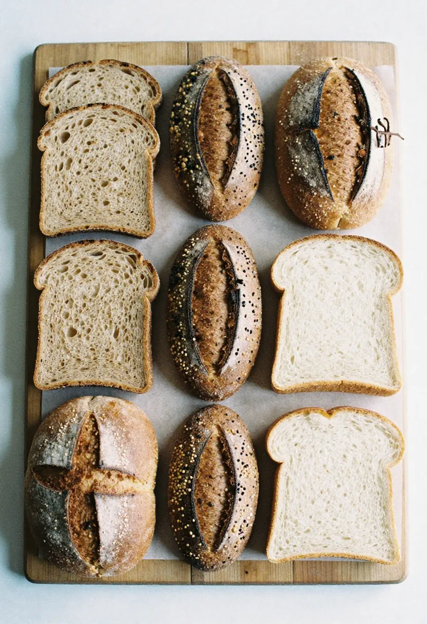Assorted bread types—wholemeal, rye, sourdough, seeded, and white—displayed in soft natural light.