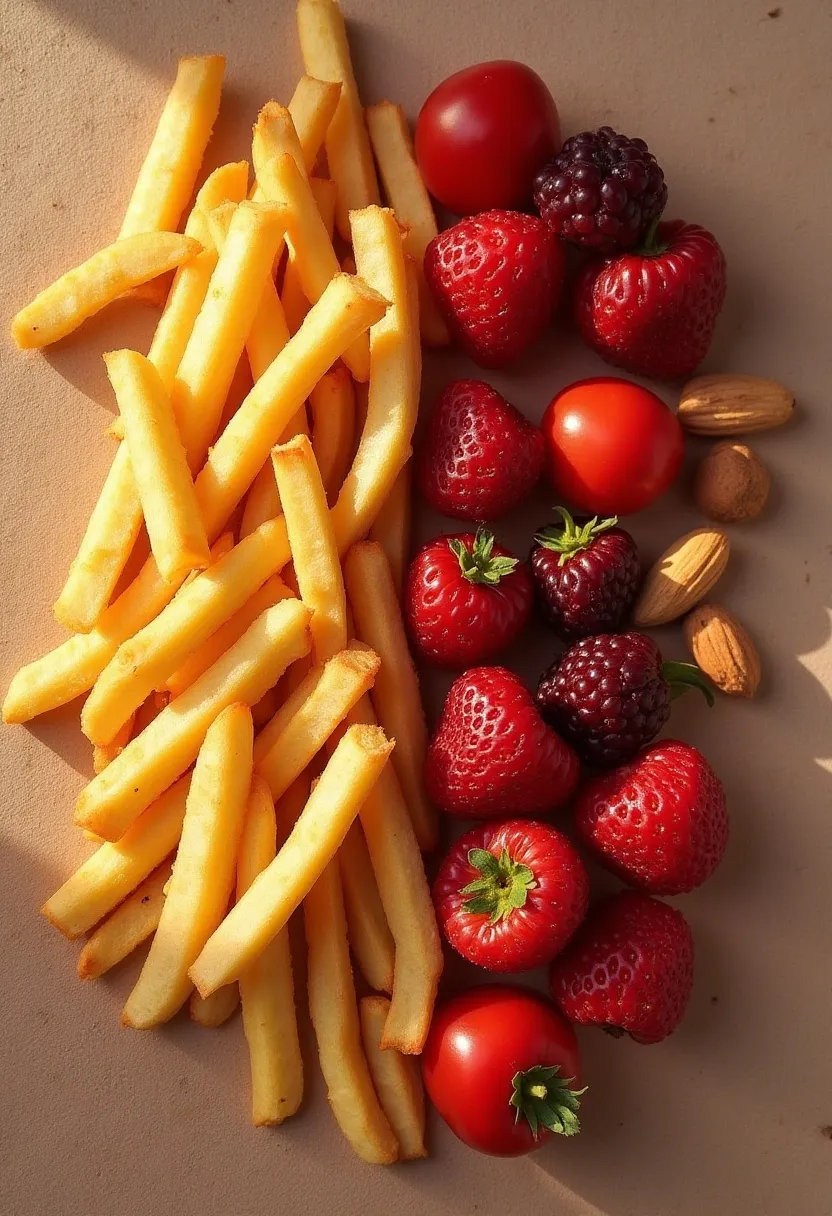 Flat-lay of fast food and packaged snacks beside fresh whole foods, illustrating how ultra-processed foods can worsen acne.
