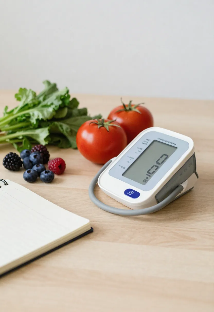 A blood pressure monitor arranged with berries and greens beside a notebook to illustrate understanding blood pressure numbers and their importance.