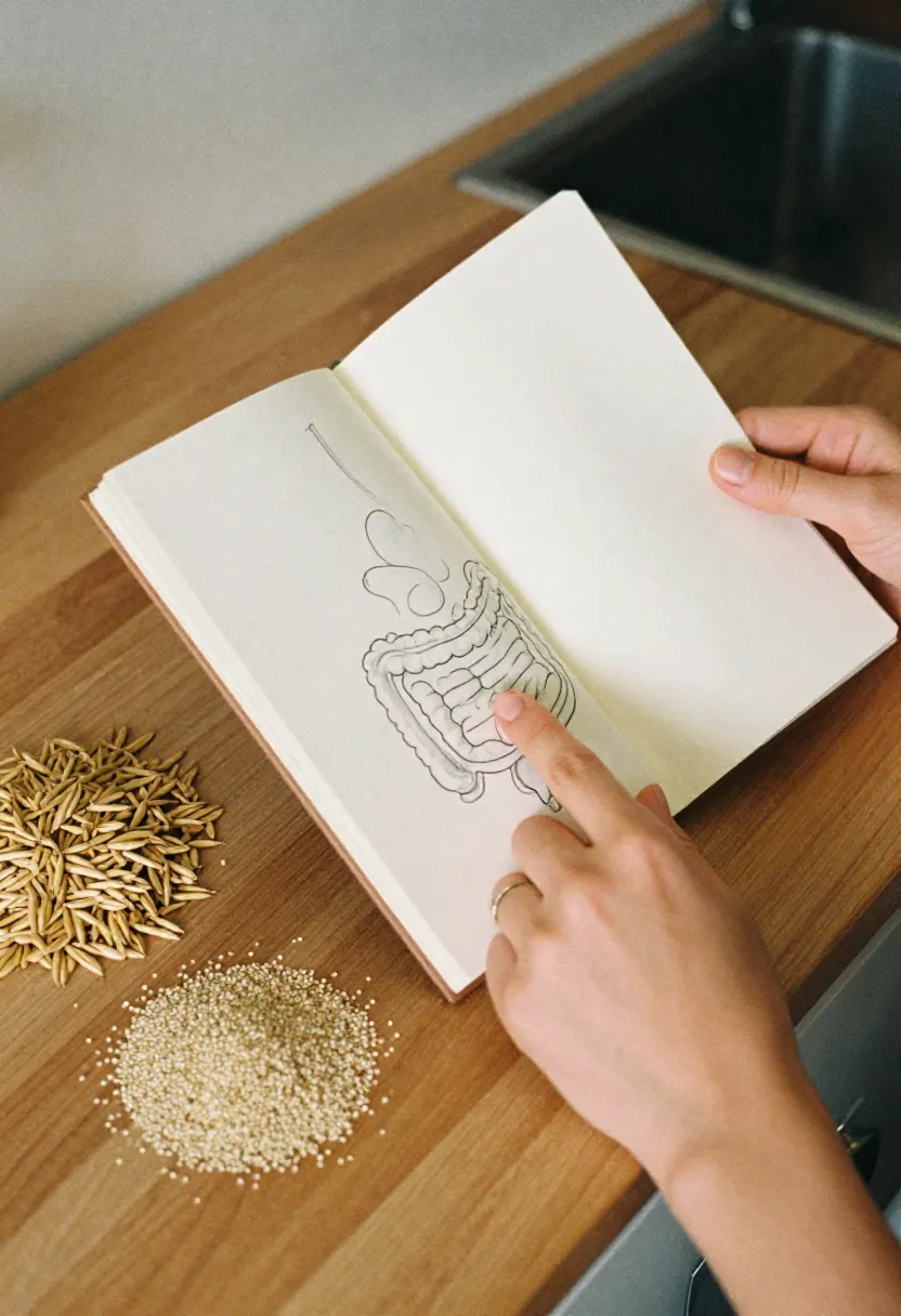 A person reviewing a simple digestive diagram beside gluten-containing and gluten-free foods, illustrating how gluten affects the body.